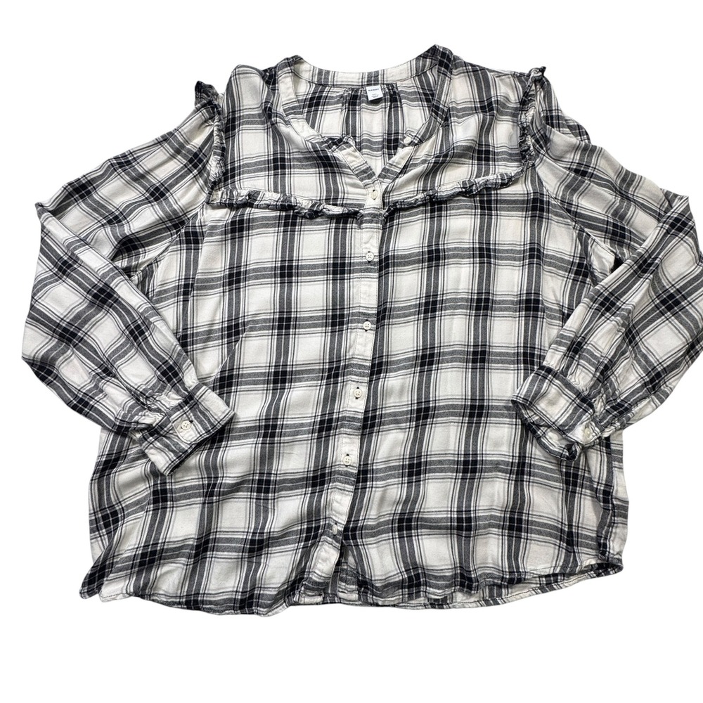 Old Navy Ruffle Yoke Blouse Women XXL White Plaid Long Sleeve Flannel Prairie